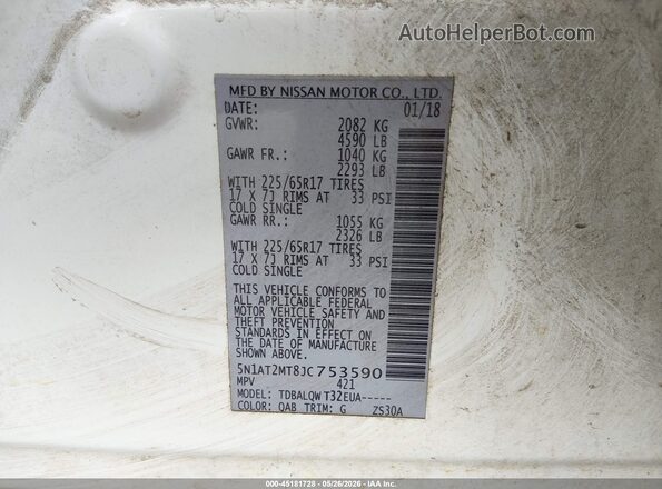 5N1AT2MT8JC753590 2018 NISSAN ROGUE White Widok komory silnika