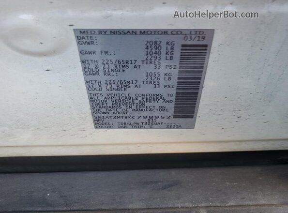 5N1AT2MT8KC798952 2019 NISSAN ROGUE White VIN კოდის სტიკერის ხედი