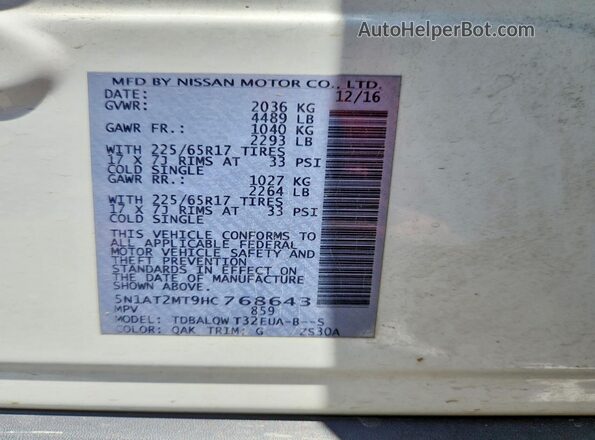 5N1AT2MT9HC768643 2017 NISSAN ROGUE White 