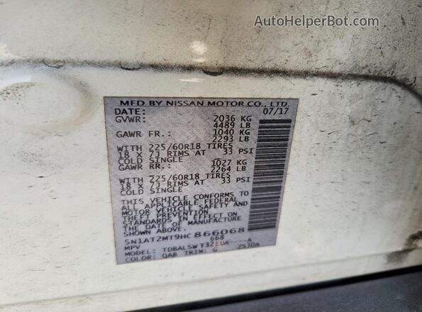 5N1AT2MT9HC866068 2017 NISSAN ROGUE White Панорамний вид салону 360°
