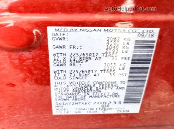 5N1AT2MTXKC708233 2019 NISSAN ROGUE Red Widok naklejki z numerem VIN