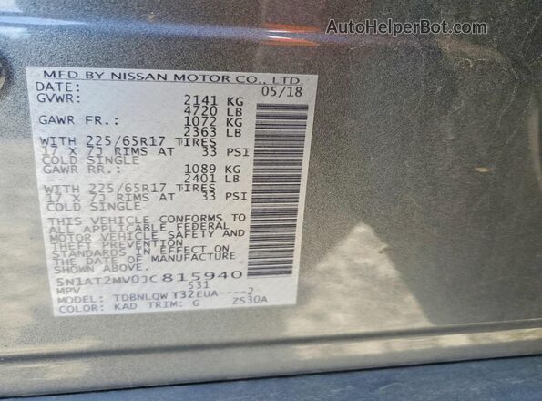 5N1AT2MV0JC815940 2018 NISSAN ROGUE Gray Widok naklejki z numerem VIN