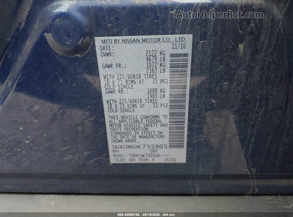 5N1AT2MV1HC755905 2017 NISSAN ROGUE Blue Engine compartment view