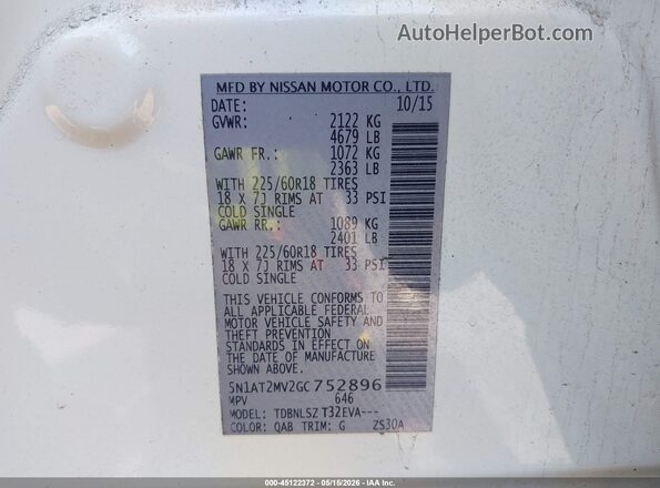 5N1AT2MV2GC752896 2016 NISSAN ROGUE Белый Вид подкапотного пространства