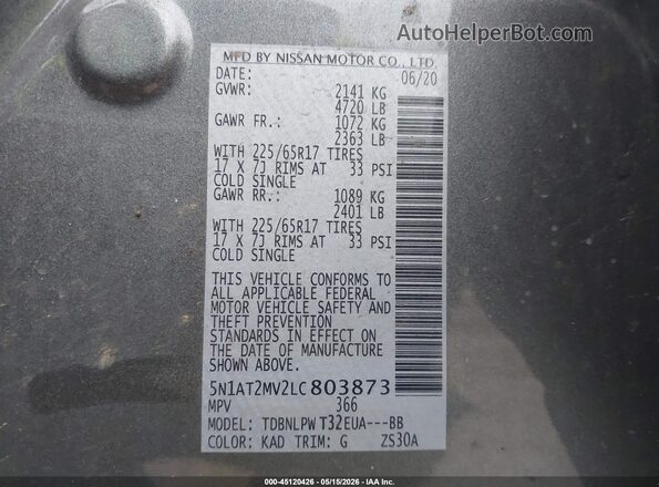 5N1AT2MV2LC803873 2020 NISSAN ROGUE Gray Widok komory silnika