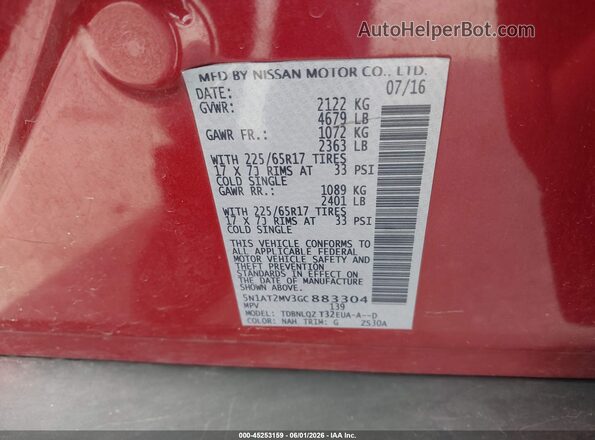 5N1AT2MV3GC883304 2016 NISSAN ROGUE Red Вид підкапотного простору