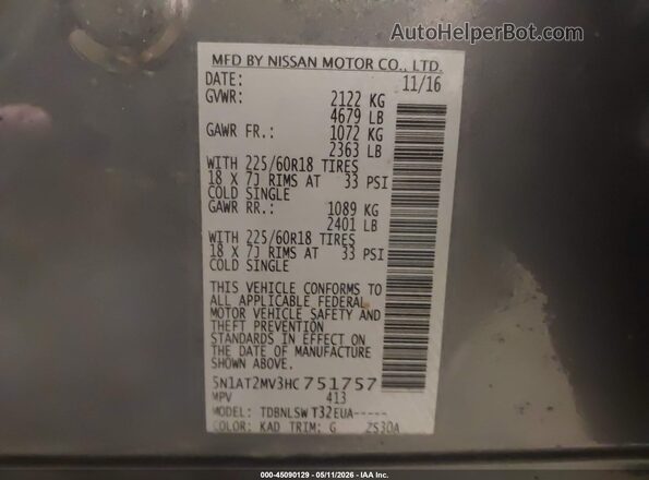5N1AT2MV3HC751757 2017 NISSAN ROGUE Gray Engine compartment view