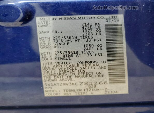 5N1AT2MV3KC781266 2019 NISSAN ROGUE Blue 