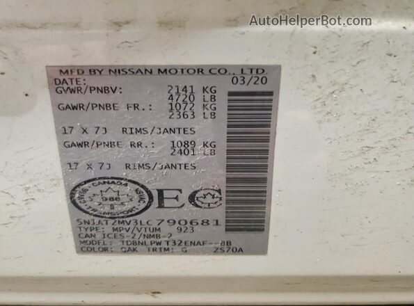 5N1AT2MV3LC790681 2020 NISSAN ROGUE White VIN sticker view