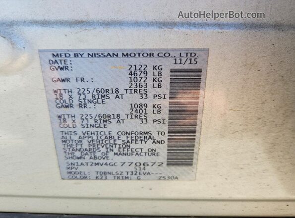 5N1AT2MV4GC770672 2016 NISSAN ROGUE Silver 