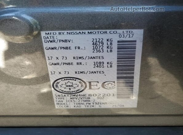5N1AT2MV4HC802201 2017 NISSAN ROGUE Gray VIN sticker view