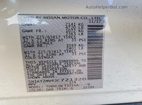 5N1AT2MV4JC721320 2018 NISSAN ROGUE White Vista de la etiqueta del VIN