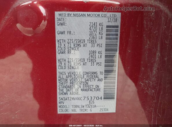 5N1AT2MV4KC753704 2019 NISSAN ROGUE Red Vista del compartimento del motor