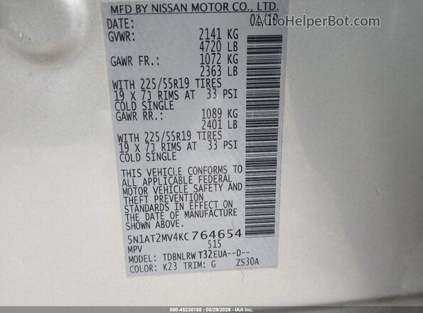 5N1AT2MV4KC764654 2019 NISSAN ROGUE Silver Շարժիչի բաժամունքի տեսք