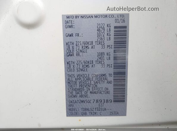 5N1AT2MV5GC789389 2016 NISSAN ROGUE Белый 