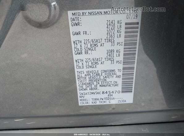 5N1AT2MV5KC845470 2019 NISSAN ROGUE Gray 