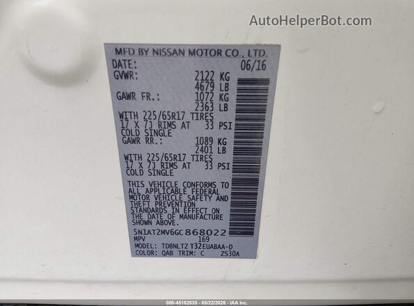 5N1AT2MV6GC868022 2016 NISSAN ROGUE White 