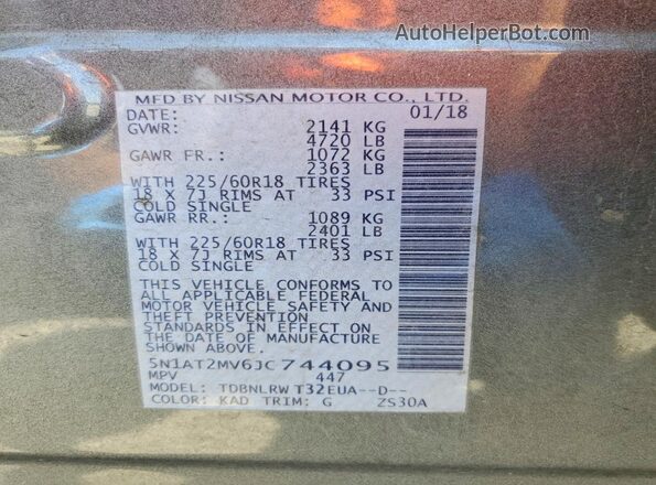 5N1AT2MV6JC744095 2018 NISSAN ROGUE Silver Вид наклейки з VIN-кодом