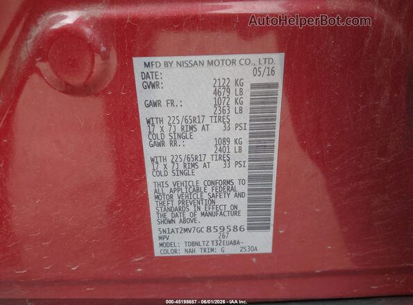 5N1AT2MV7GC859586 2016 NISSAN ROGUE Burgundy Vista del compartimento del motor