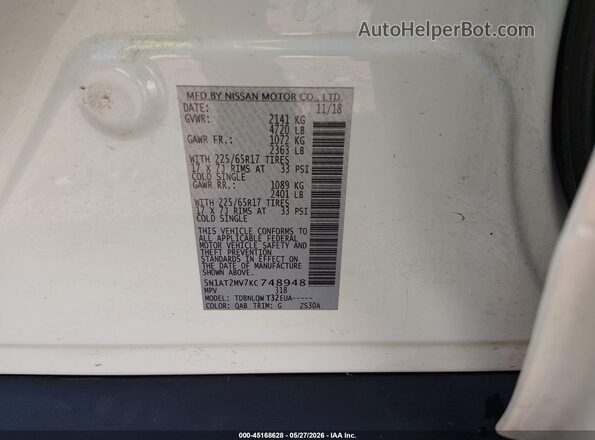 5N1AT2MV7KC748948 2019 NISSAN ROGUE White Engine compartment view