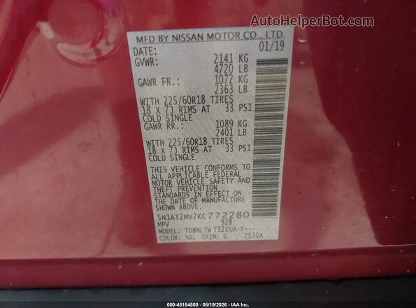 5N1AT2MV7KC772280 2019 NISSAN ROGUE Burgundy 