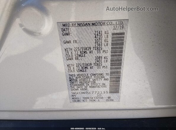 5N1AT2MV7LC772135 2020 NISSAN ROGUE Silver 