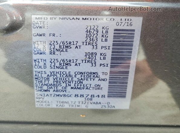 5N1AT2MV8GC887848 2016 NISSAN ROGUE Gray 
