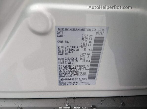 5N1AT2MV8HC845486 2017 NISSAN ROGUE Silver 