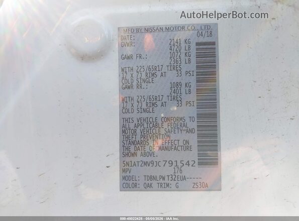 5N1AT2MV9JC791542 2018 NISSAN ROGUE Белый Вид подкапотного пространства
