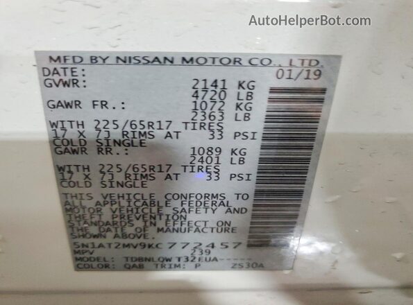 5N1AT2MV9KC772457 2019 NISSAN ROGUE White VIN sticker view