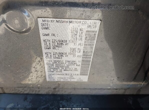 5N1AT2MVXGC923166 2016 NISSAN ROGUE Gray ძრავის განყოფილების ხედი