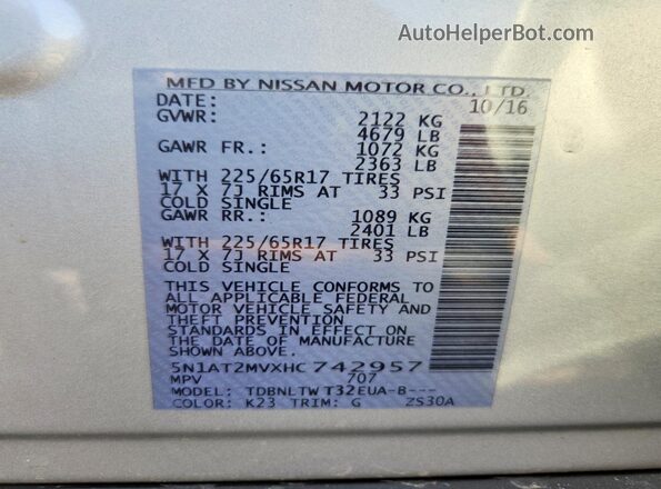5N1AT2MVXHC742957 2017 NISSAN ROGUE Silver 