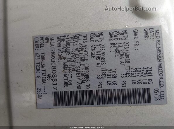 5N1AT2MVXJC808817 2018 NISSAN ROGUE Silver 