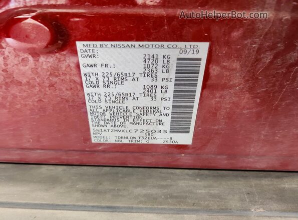 5N1AT2MVXLC725035 2020 NISSAN ROGUE Maroon 