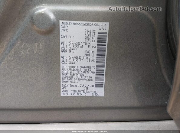 5N1AT2MVXLC787728 2020 NISSAN ROGUE Gray ძრავის განყოფილების ხედი
