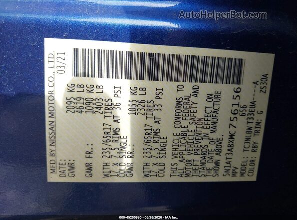 5N1AT3ABXMC756156 2021 NISSAN ROGUE Blue 