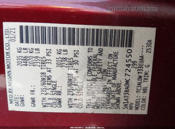 5N1AT3BA0MC724550 2021 NISSAN ROGUE Red Widok komory silnika