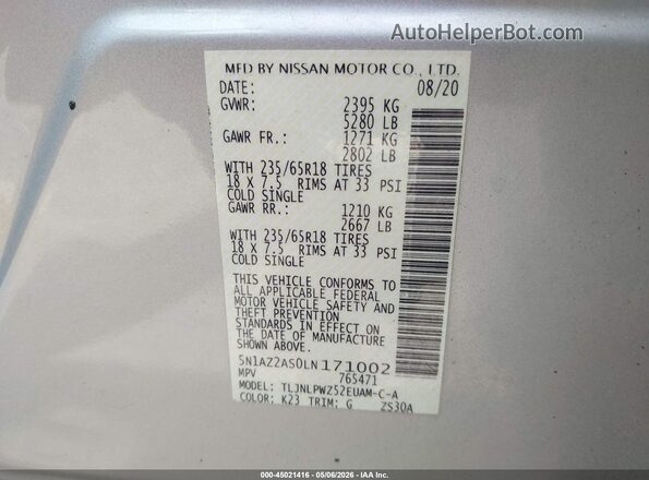 5N1AZ2AS0LN171002 2020 NISSAN MURANO Silver Vista del compartimento del motor