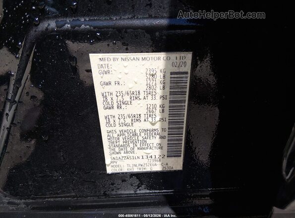 5N1AZ2AS1LN134122 2020 NISSAN MURANO Black Вид підкапотного простору