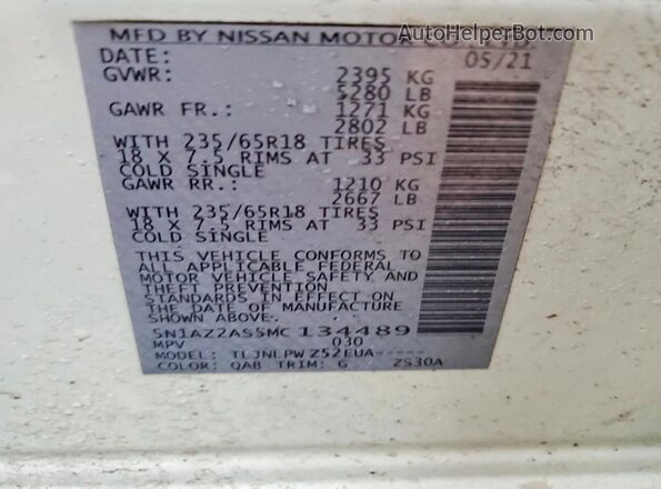 5N1AZ2AS5MC134489 2021 NISSAN MURANO White 360 interior view