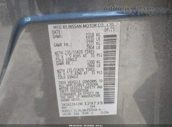 5N1AZ2BJ2MC129739 2021 NISSAN MURANO Серый Вид подкапотного пространства