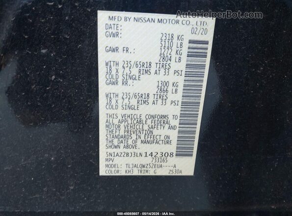 5N1AZ2BJ3LN142308 2020 NISSAN MURANO Black Widok komory silnika