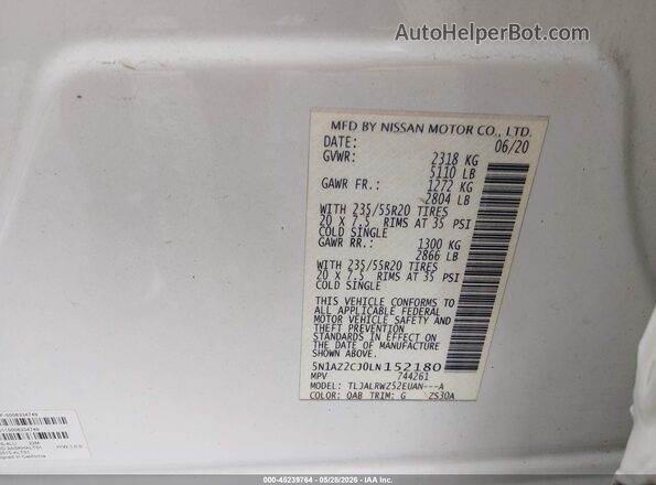 5N1AZ2CJ0LN152180 2020 NISSAN MURANO White 