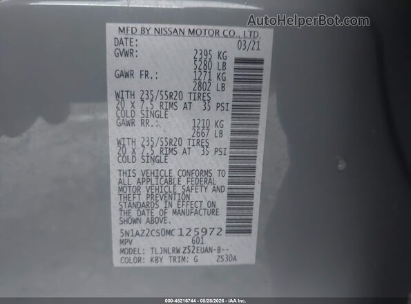 5N1AZ2CS0MC125972 2021 NISSAN MURANO Gray Вид підкапотного простору