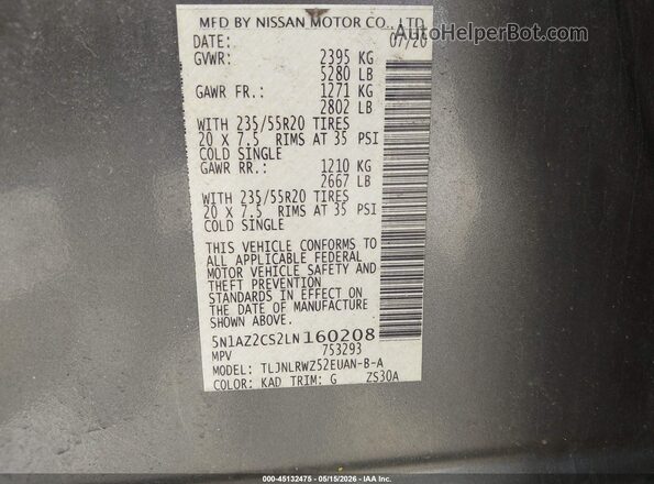 5N1AZ2CS2LN160208 2020 NISSAN MURANO Gray 