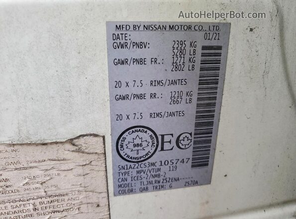 5N1AZ2CS3MC105747 2021 NISSAN MURANO White Widok wnętrza 360 stopni