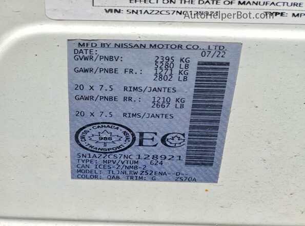 5N1AZ2CS7NC128921 2022 NISSAN MURANO Белый Вид наклейки с VIN-кодом