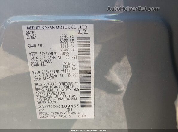 5N1AZ2CSXMC109455 2021 NISSAN MURANO Gray Engine compartment view