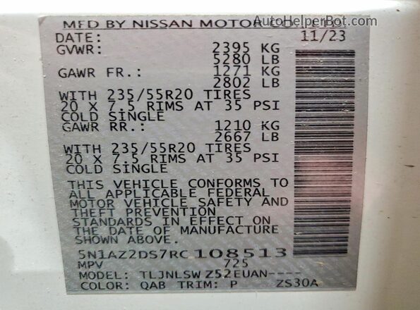5N1AZ2DS7RC108513 2024 NISSAN MURANO Белый Панорамный вид салона 360°