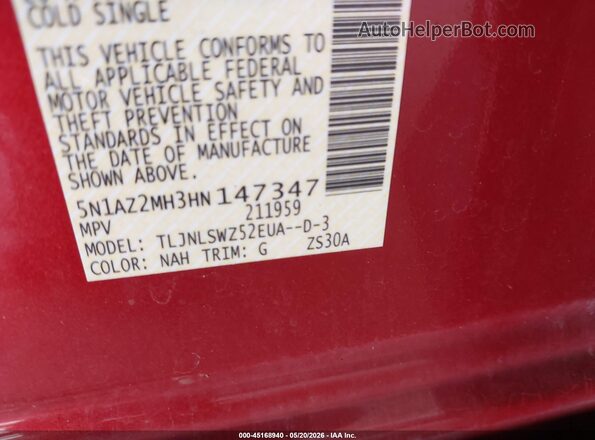 5N1AZ2MH3HN147347 2017 NISSAN MURANO Red Vista del compartimento del motor